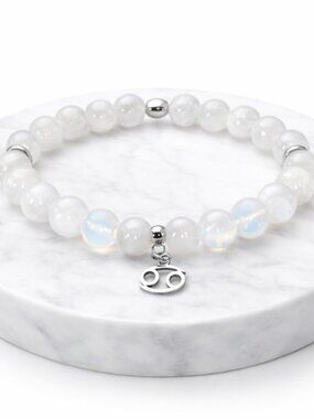 Moonstone Opal Bracelet Silver Cancer Zodiac Charm Beaded Stretch Jewelry